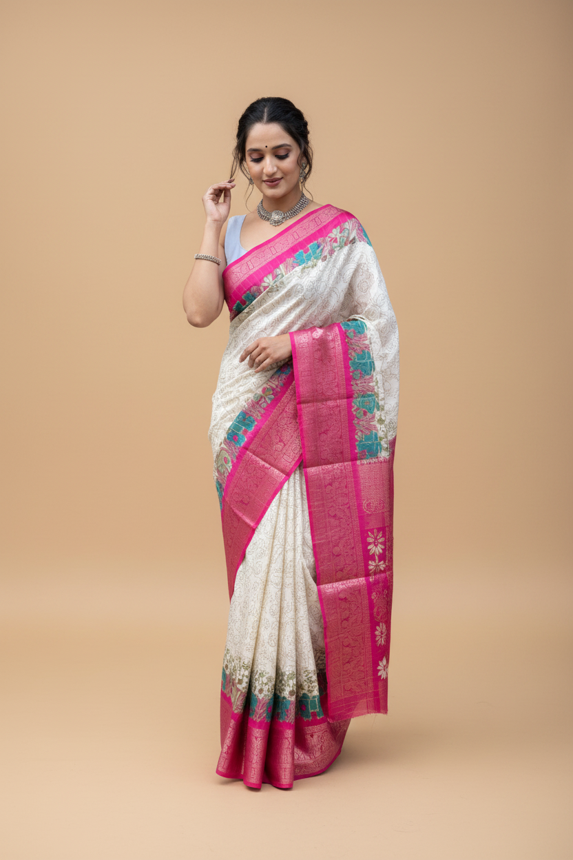 Snuggle Spot Women's Soft Dola Cotton Kalamkari Printed Saree With Unstitched Blouse 5.5Mtr (White)