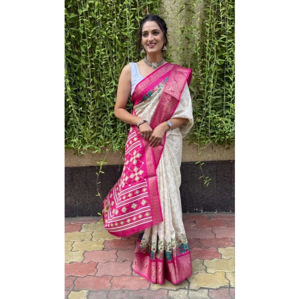 Snuggle Spot Women's Soft Dola Cotton Kalamkari Printed Saree With Unstitched Blouse 5.5Mtr (White)