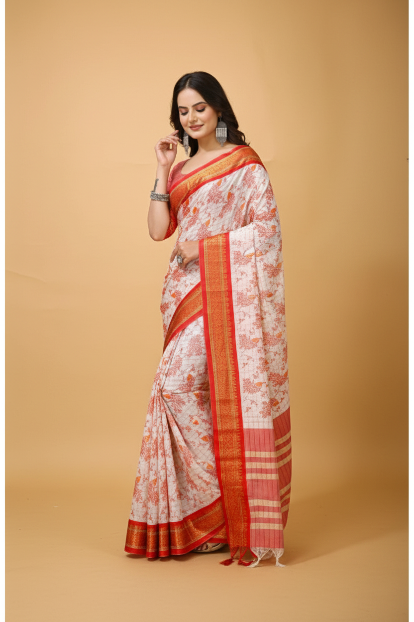 Snuggle Spot Women's Soft Cotton Silk Printed Saree With Unstitched Blouse 5.5Mtr (Red)
