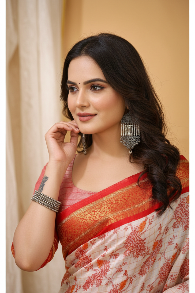 Snuggle Spot Women's Soft Cotton Silk Printed Saree With Unstitched Blouse 5.5Mtr (Red)