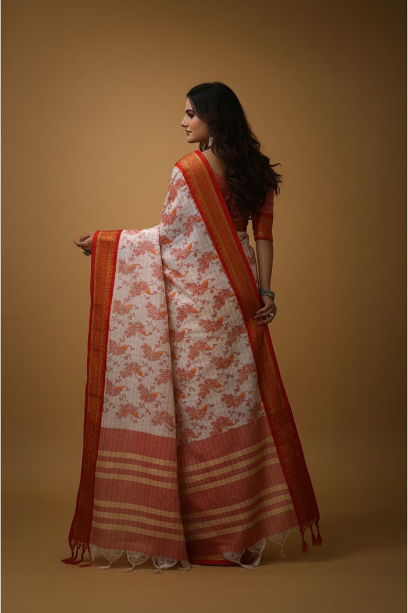 Snuggle Spot Women's Soft Cotton Silk Printed Saree With Unstitched Blouse 5.5Mtr (Red)