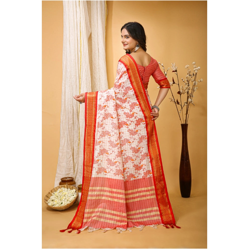 Snuggle Spot Women's Soft Cotton Silk Printed Saree With Unstitched Blouse 5.5Mtr (Red)