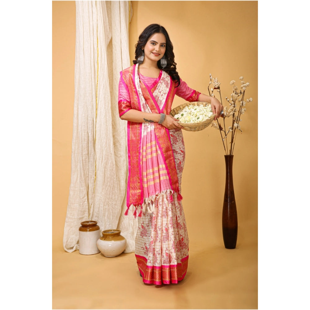 Snuggle Spot Women's Soft Cotton Silk Printed Saree With Unstitched Blouse 5.5Mtr (Pink)