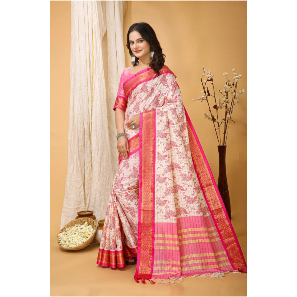 Snuggle Spot Women's Soft Cotton Silk Printed Saree With Unstitched Blouse 5.5Mtr (Pink)