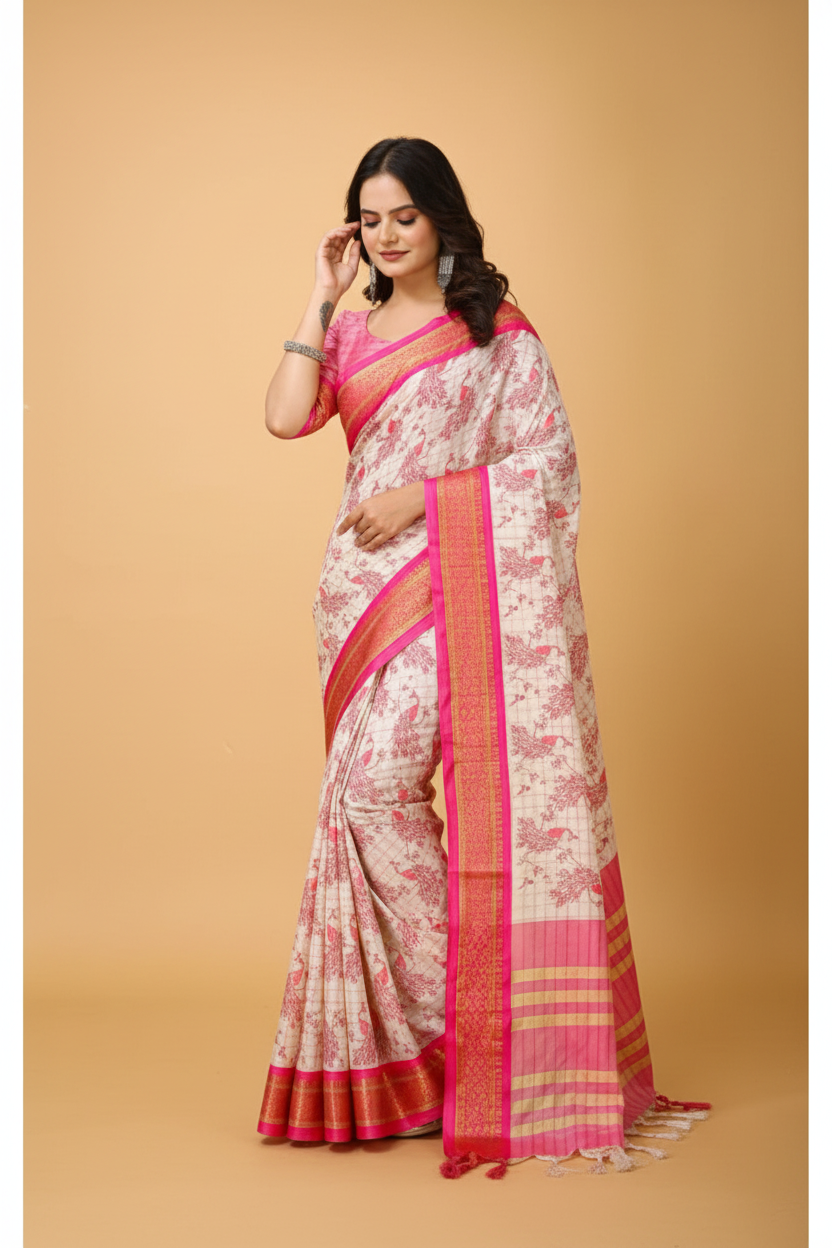 Snuggle Spot Women's Soft Cotton Silk Printed Saree With Unstitched Blouse 5.5Mtr (Pink)