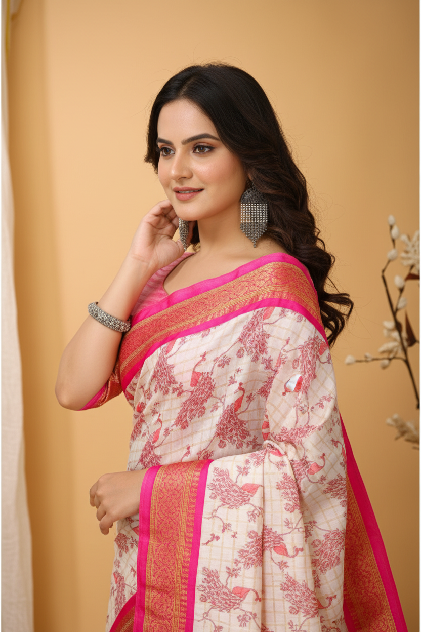 Snuggle Spot Women's Soft Cotton Silk Printed Saree With Unstitched Blouse 5.5Mtr (Pink)