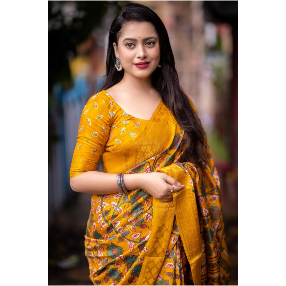 Snuggle Spot Women's Soft Dola Cotton Kalamkari Printed Saree With Unstitched Blouse 5.5Mtr (Yellow)