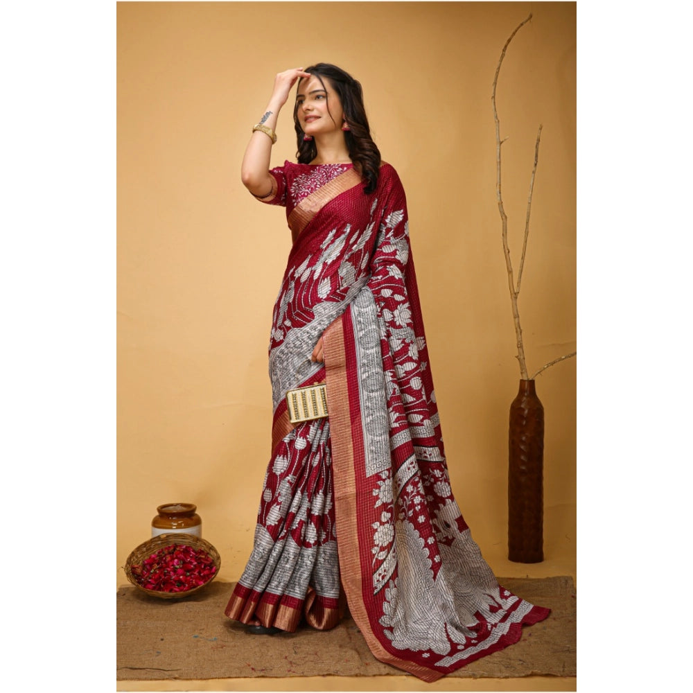 Snuggle Spot Women's Soft Handloom Cotton Kalamkari Printed Saree With Unstitched Blouse 5.5Mtr (Maroon)