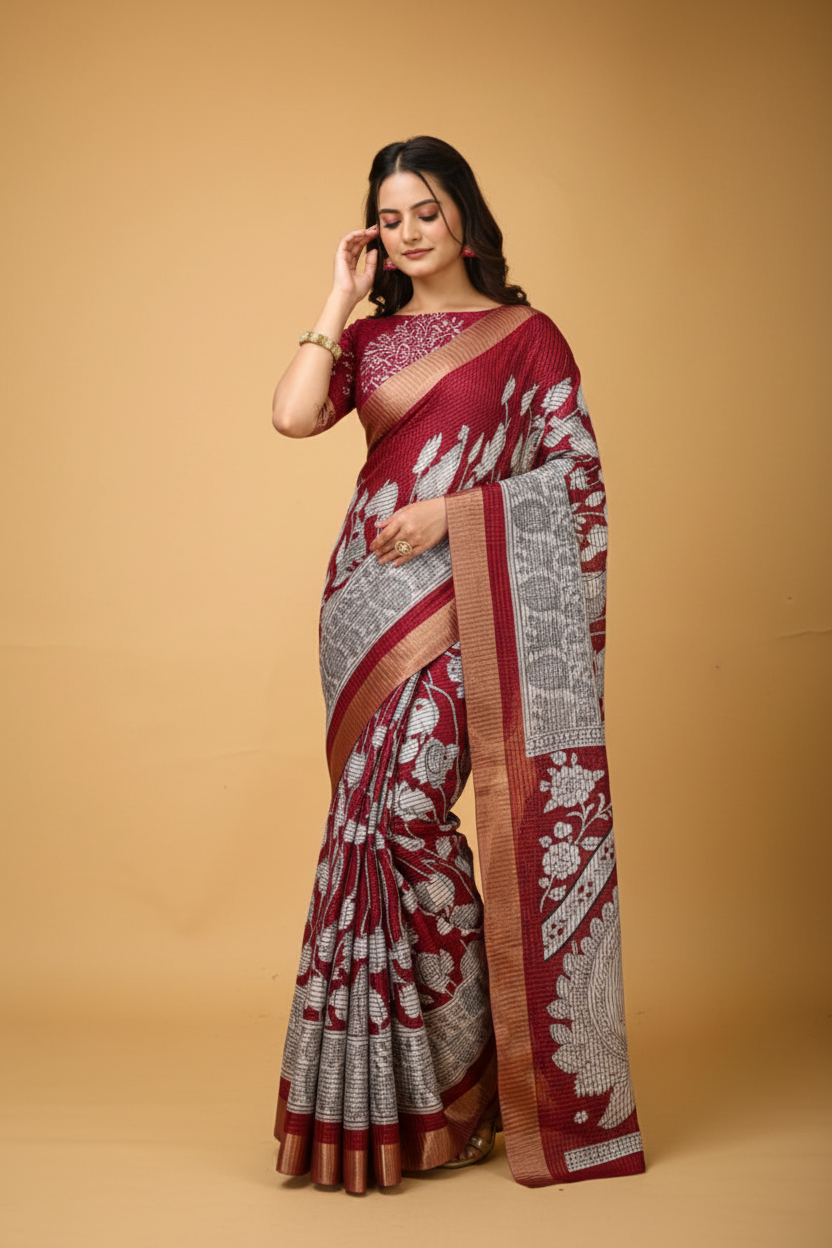 Snuggle Spot Women's Soft Handloom Cotton Kalamkari Printed Saree With Unstitched Blouse 5.5Mtr (Maroon)