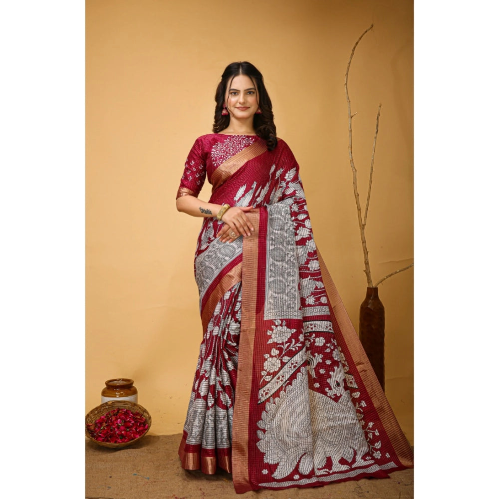 Snuggle Spot Women's Soft Handloom Cotton Kalamkari Printed Saree With Unstitched Blouse 5.5Mtr (Maroon)