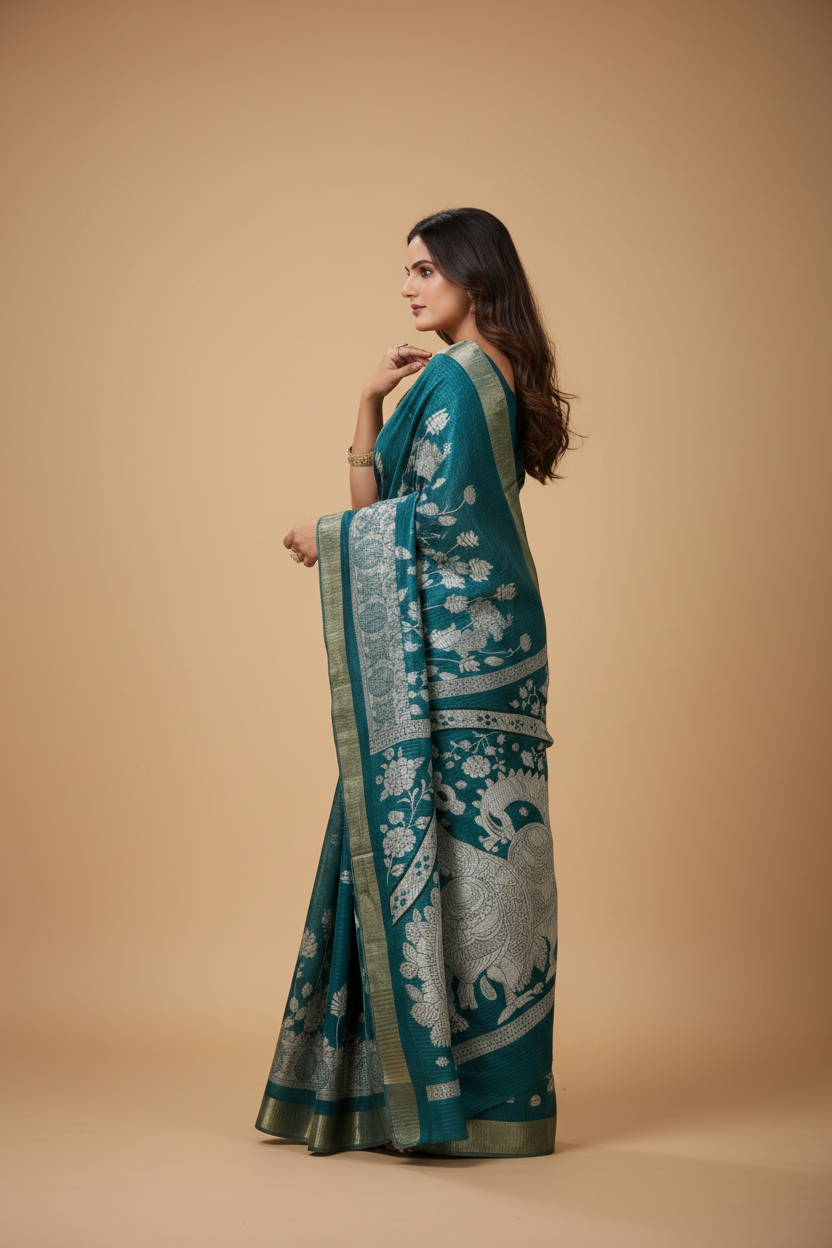 Snuggle Spot Women's Soft Handloom Cotton Kalamkari Printed Saree With Unstitched Blouse 5.5Mtr (Turquoise)