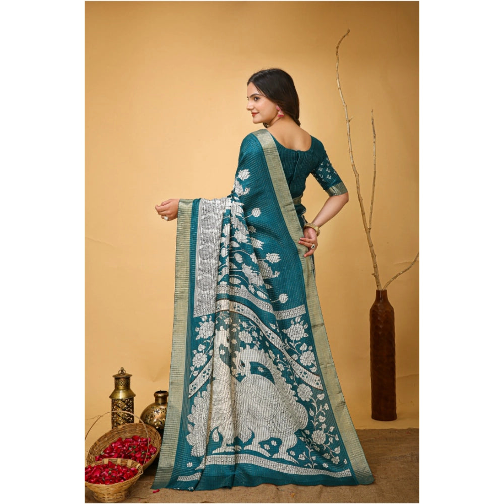 Snuggle Spot Women's Soft Handloom Cotton Kalamkari Printed Saree With Unstitched Blouse 5.5Mtr (Turquoise)