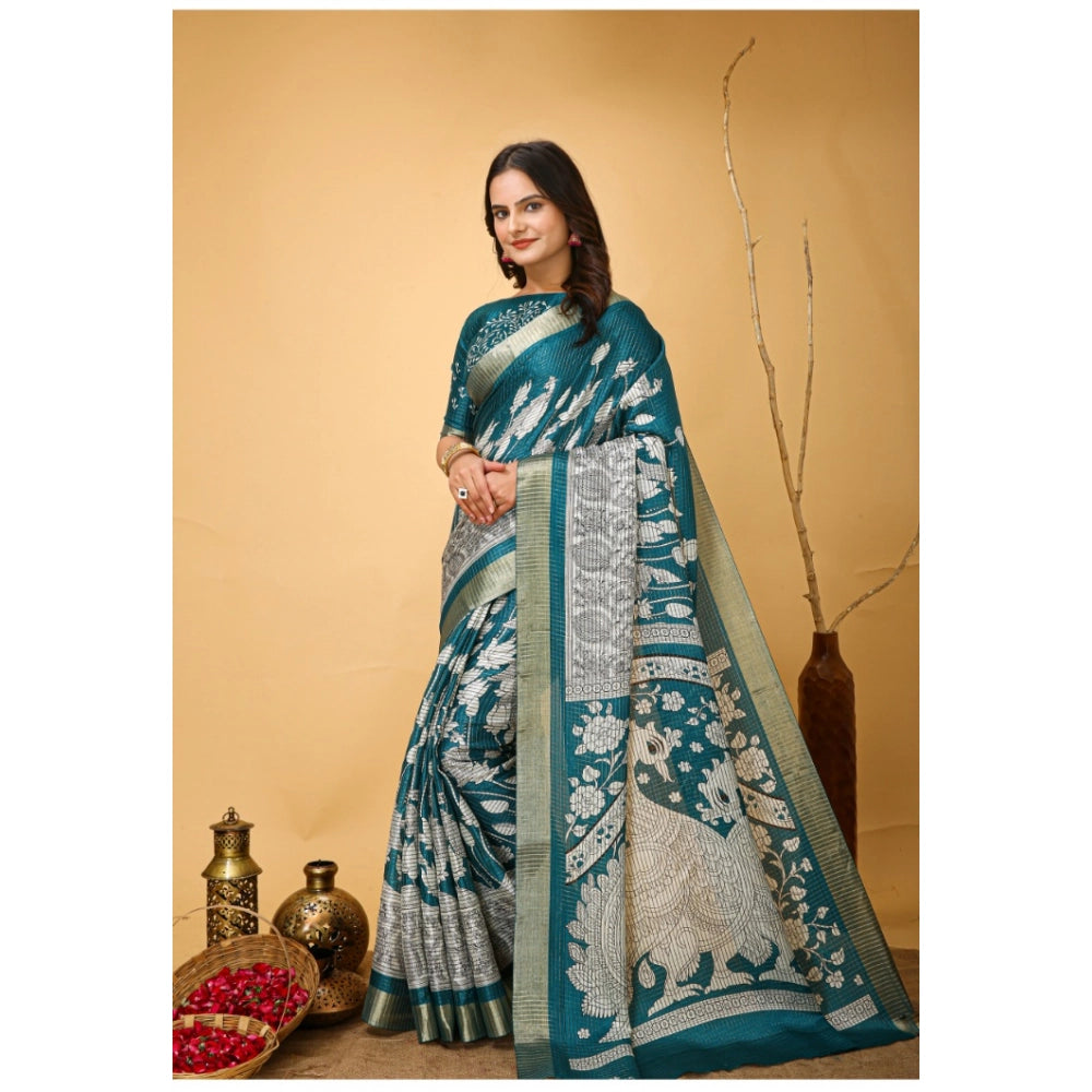 Snuggle Spot Women's Soft Handloom Cotton Kalamkari Printed Saree With Unstitched Blouse 5.5Mtr (Turquoise)