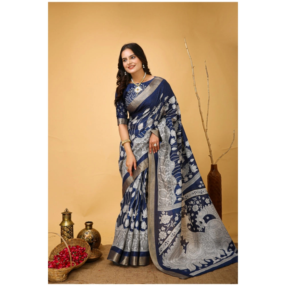 Snuggle Spot Women's Soft Handloom Cotton Kalamkari Printed Saree With Unstitched Blouse 5.5Mtr (Blue)