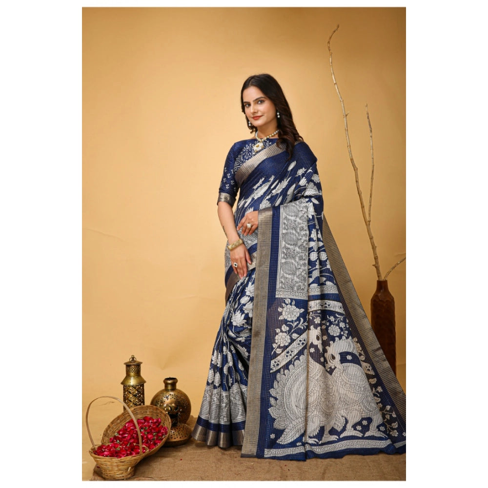 Snuggle Spot Women's Soft Handloom Cotton Kalamkari Printed Saree With Unstitched Blouse 5.5Mtr (Blue)