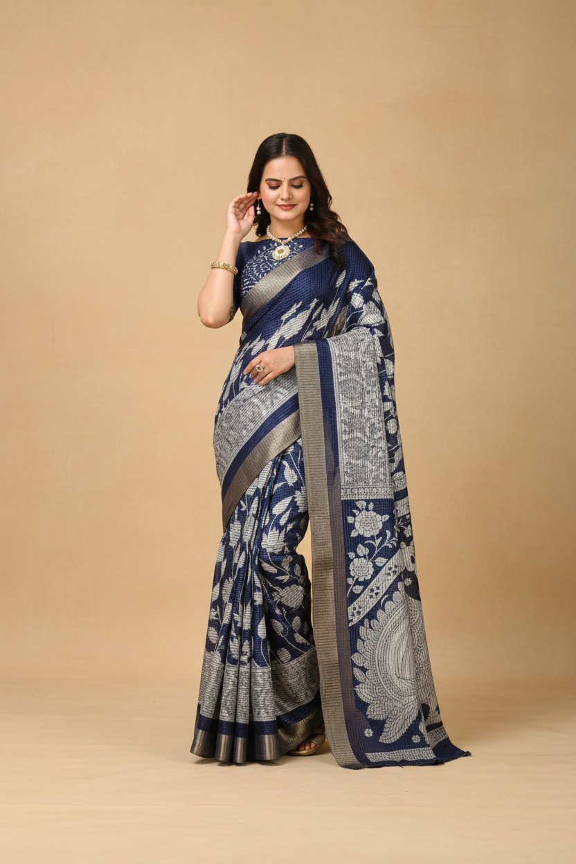 Snuggle Spot Women's Soft Handloom Cotton Kalamkari Printed Saree With Unstitched Blouse 5.5Mtr (Blue)