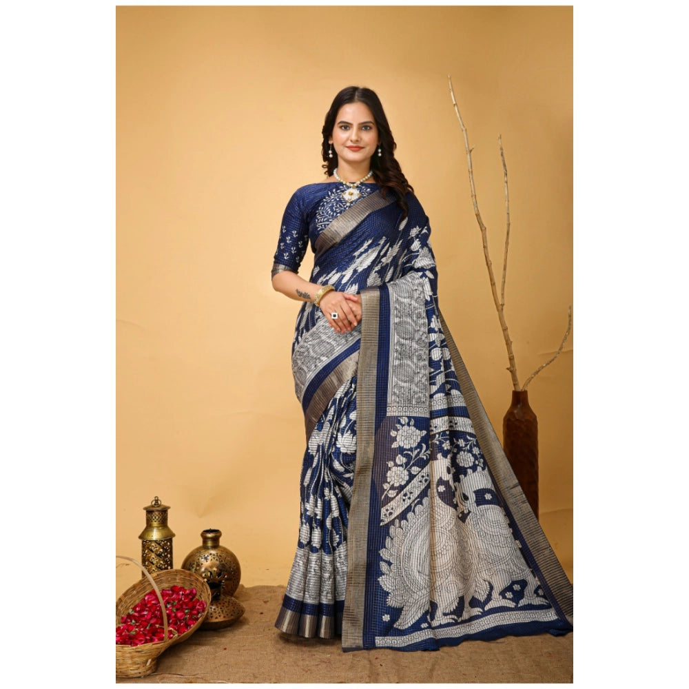 Snuggle Spot Women's Soft Handloom Cotton Kalamkari Printed Saree With Unstitched Blouse 5.5Mtr (Blue)