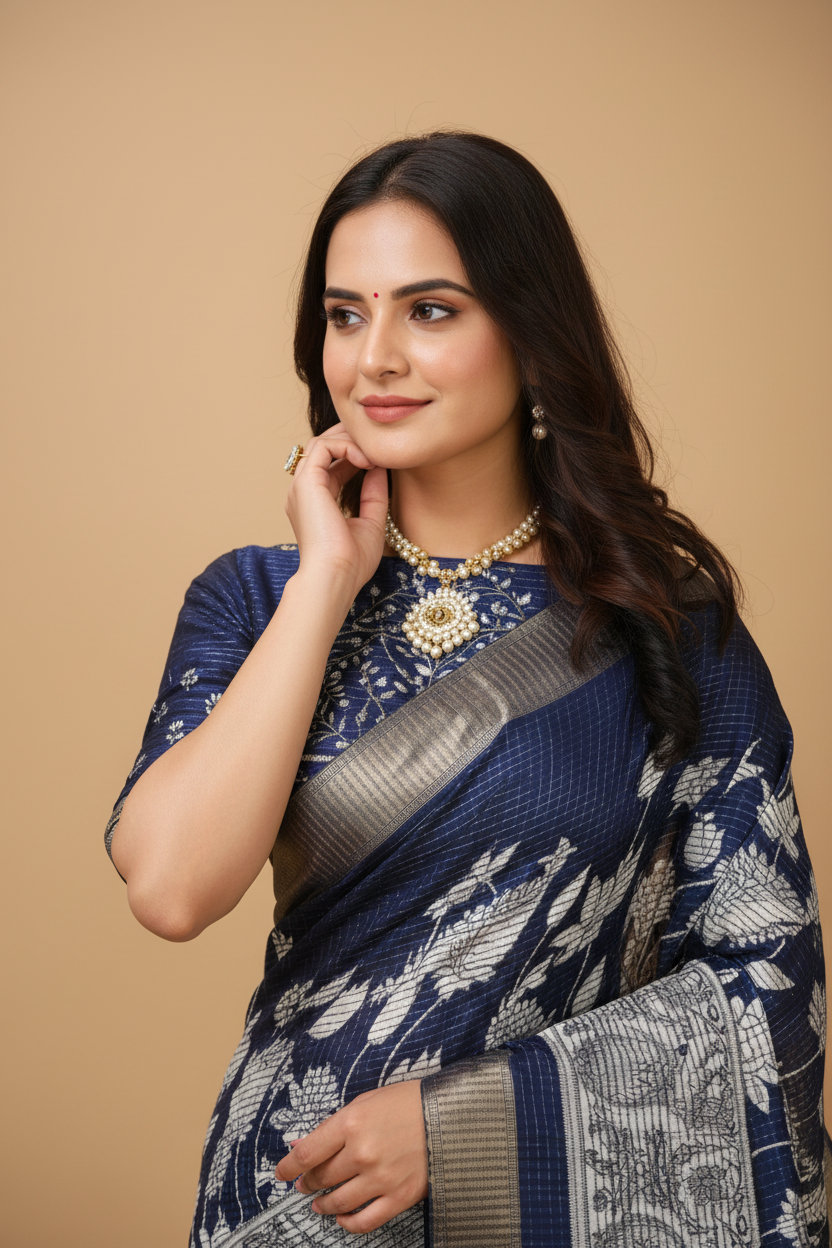 Snuggle Spot Women's Soft Handloom Cotton Kalamkari Printed Saree With Unstitched Blouse 5.5Mtr (Blue)