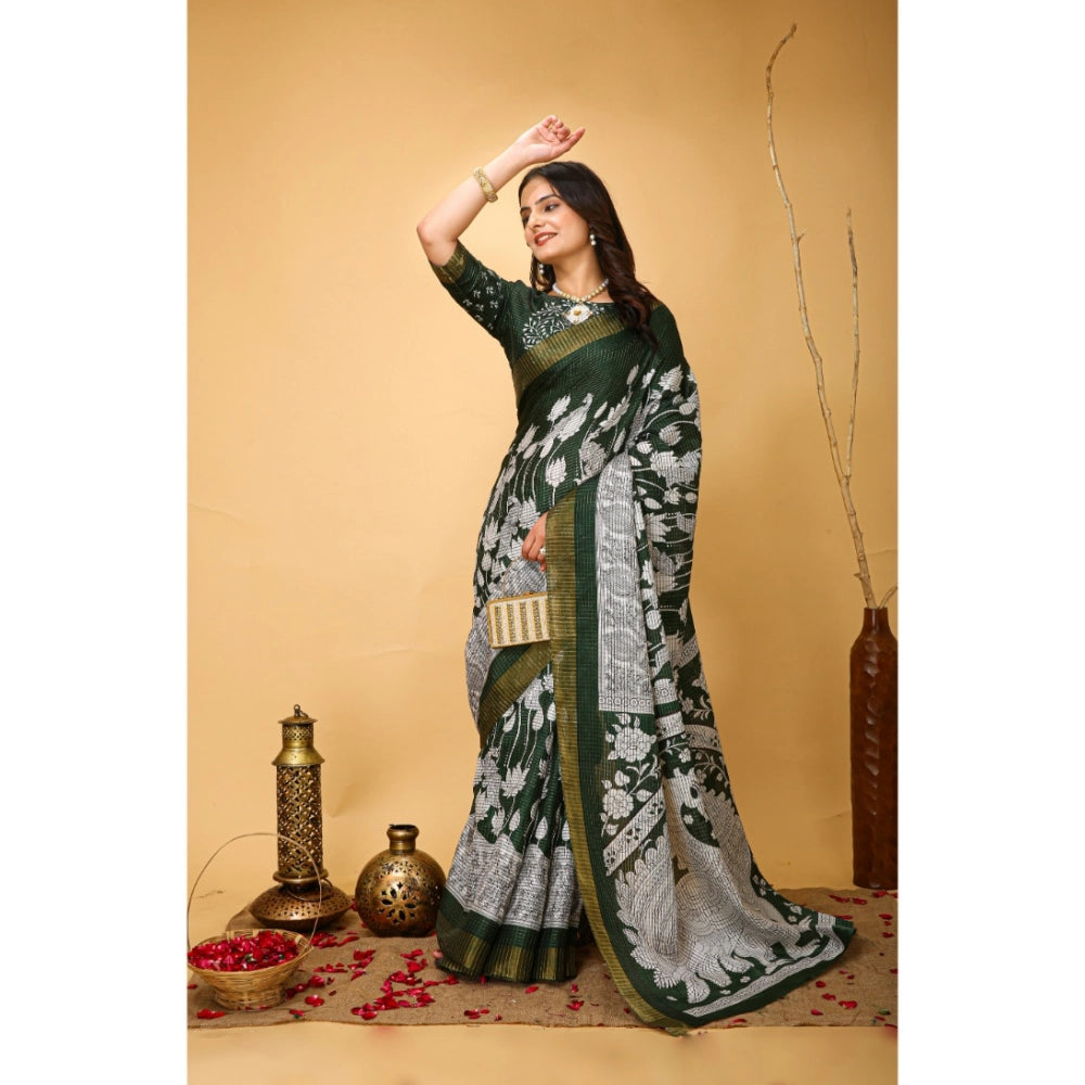 Snuggle Spot Women's Soft Handloom Cotton Kalamkari Printed Saree With Unstitched Blouse 5.5Mtr (Green)
