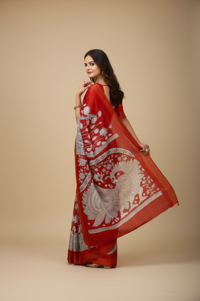 Snuggle Spot Women's Soft Handloom Cotton Kalamkari Printed Saree With Unstitched Blouse 5.5Mtr (Red)