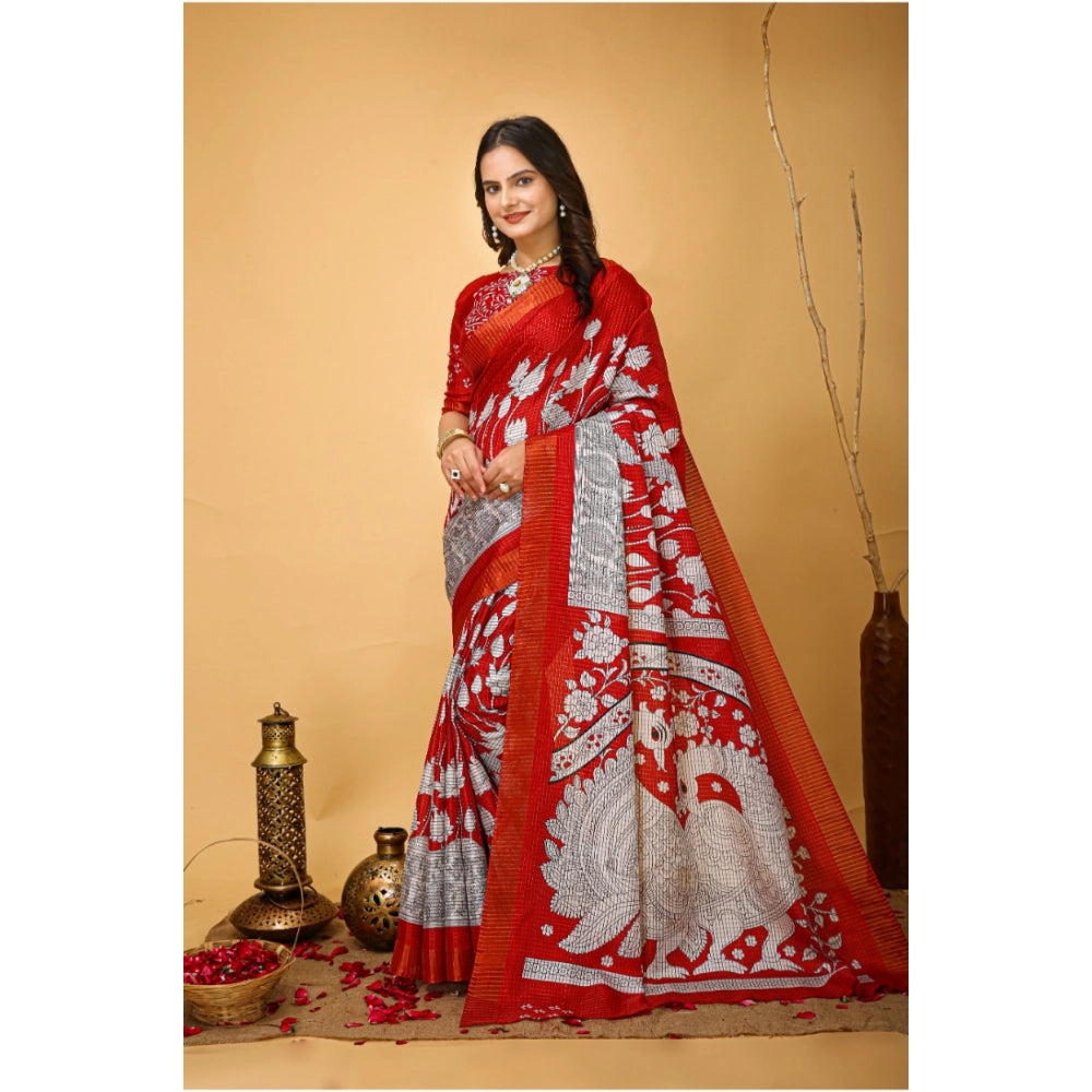 Snuggle Spot Women's Soft Handloom Cotton Kalamkari Printed Saree With Unstitched Blouse 5.5Mtr (Red)