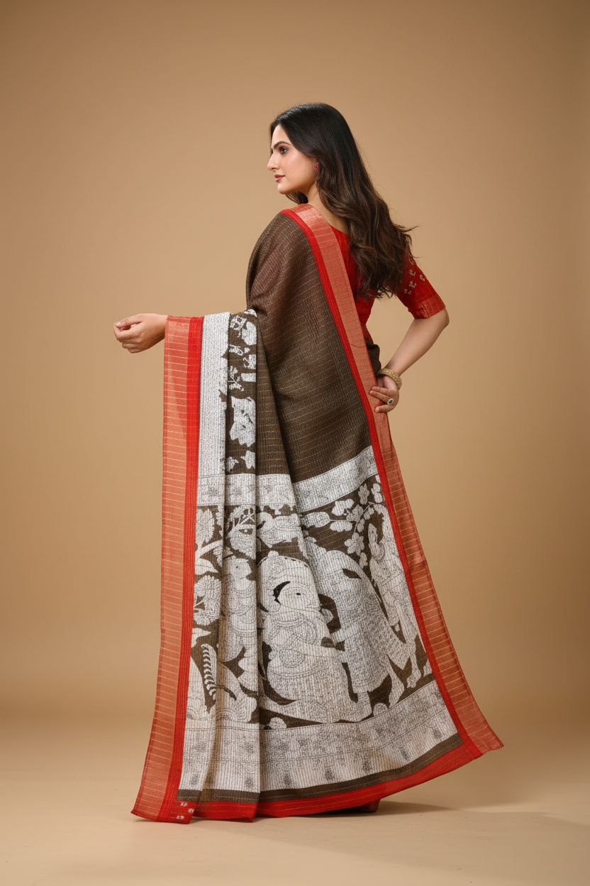Snuggle Spot Women's Soft Handloom Cotton Kalamkari Printed Saree With Unstitched Blouse 5.5Mtr (Brown)