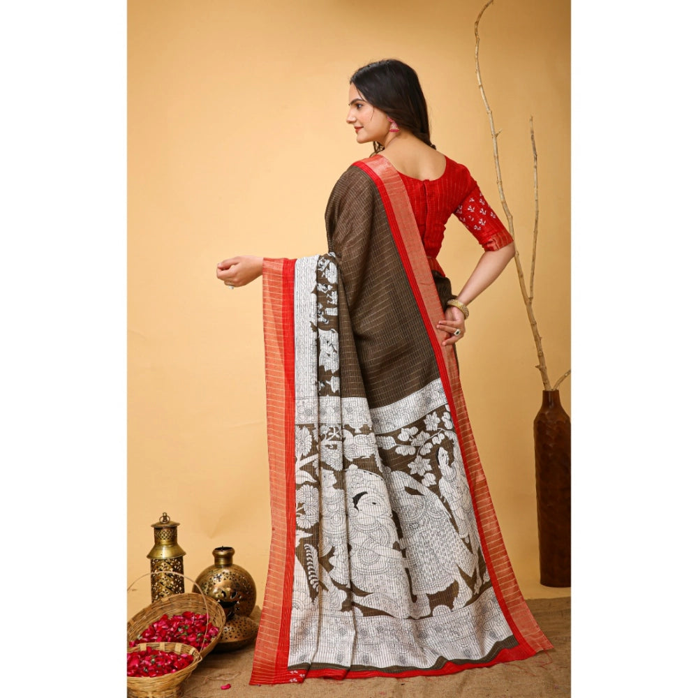 Snuggle Spot Women's Soft Handloom Cotton Kalamkari Printed Saree With Unstitched Blouse 5.5Mtr (Brown)