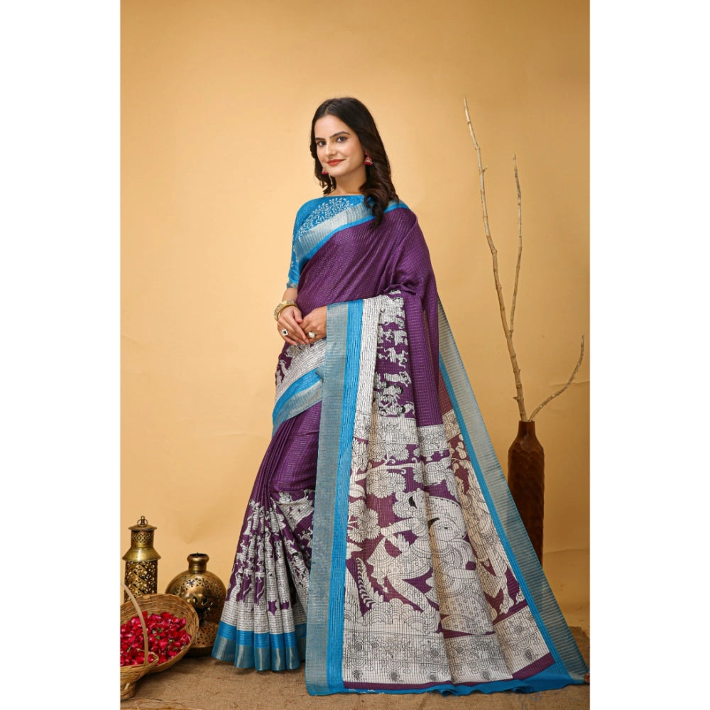 Snuggle Spot Women's Soft Handloom Cotton Kalamkari Printed Saree With Unstitched Blouse 5.5Mtr (Purple)