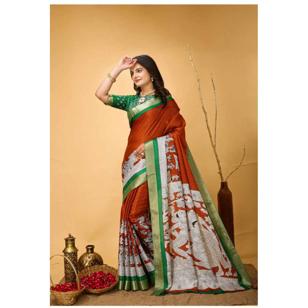Snuggle Spot Women's Soft Handloom Cotton Kalamkari Printed Saree With Unstitched Blouse 5.5Mtr (Orange)
