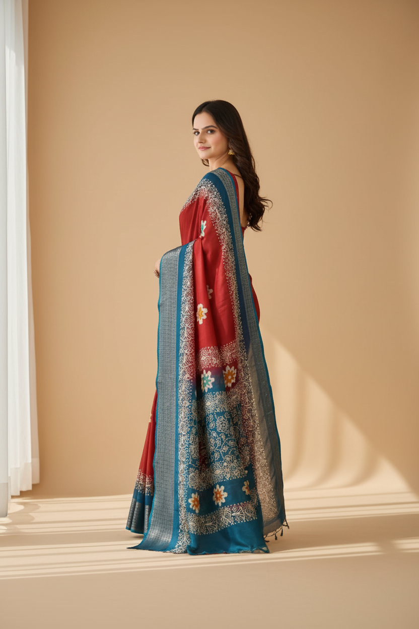 Snuggle Spot Women's Soft Blooming Marshmallow Fabric Kalamkari Printed Saree With Unstitched Blouse 5.5Mtr (Red)