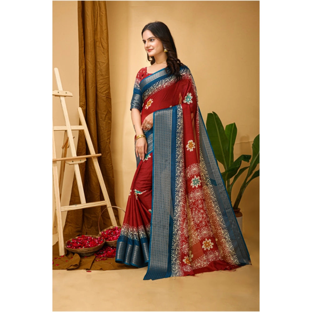 Snuggle Spot Women's Soft Blooming Marshmallow Fabric Kalamkari Printed Saree With Unstitched Blouse 5.5Mtr (Red)