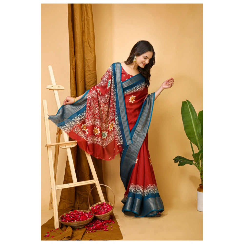 Snuggle Spot Women's Soft Blooming Marshmallow Fabric Kalamkari Printed Saree With Unstitched Blouse 5.5Mtr (Red)