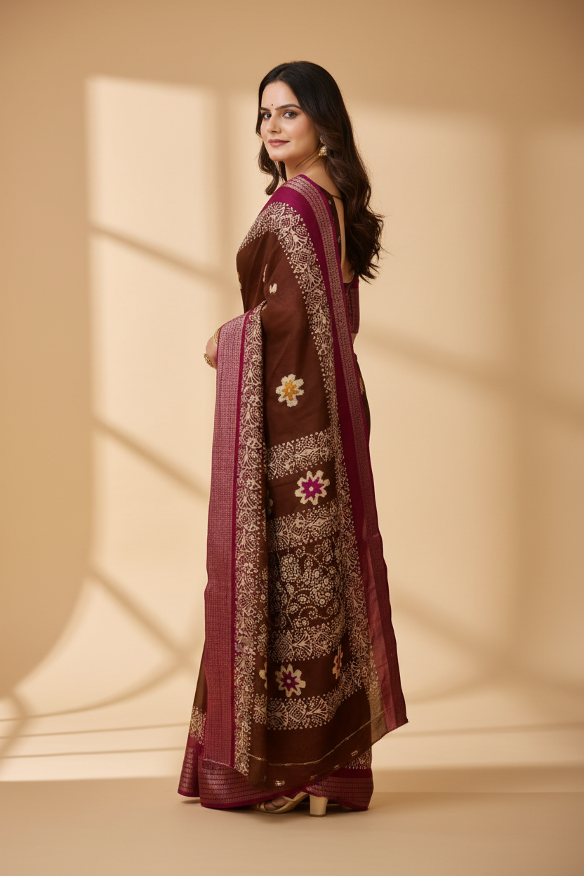 Snuggle Spot Women's Soft Blooming Marshmallow Fabric Kalamkari Printed Saree With Unstitched Blouse 5.5Mtr (Maroon)