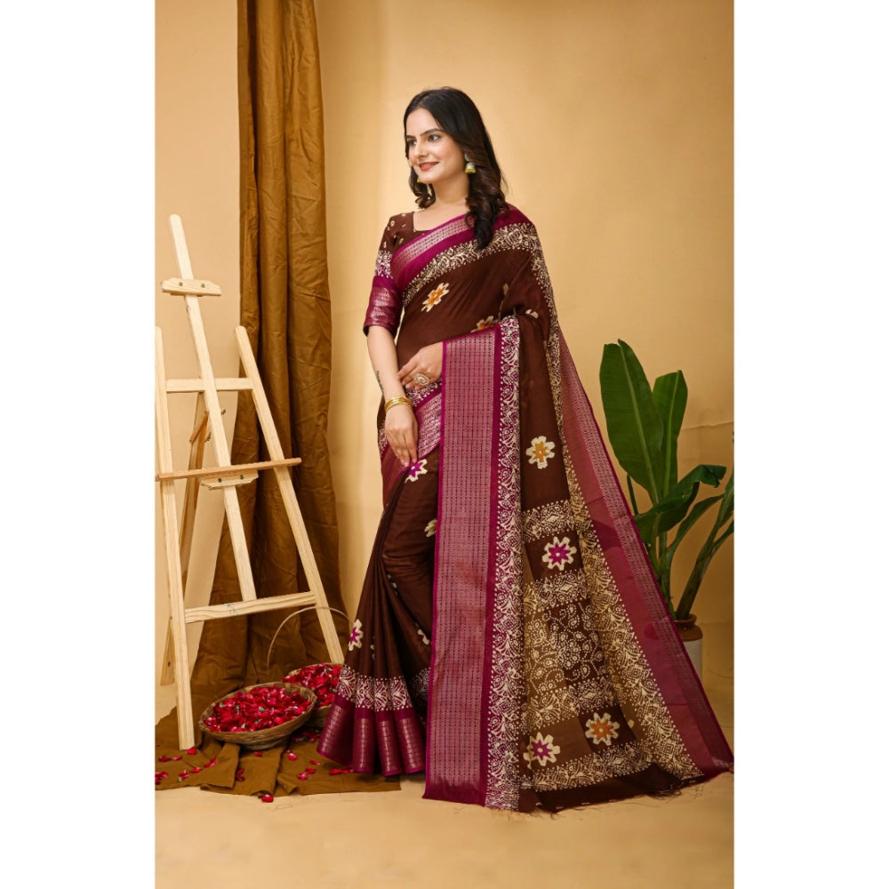 Snuggle Spot Women's Soft Blooming Marshmallow Fabric Kalamkari Printed Saree With Unstitched Blouse 5.5Mtr (Maroon)