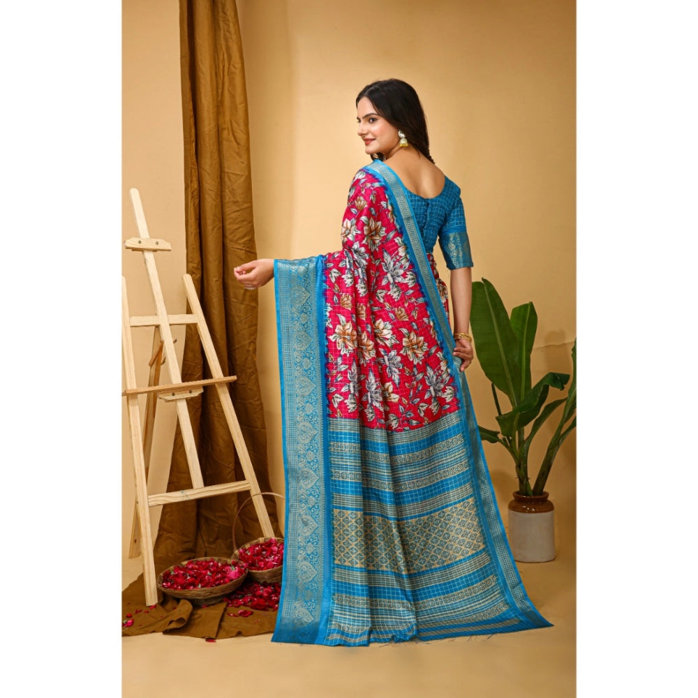 Snuggle Spot Women's Soft Dola Cotton Kalamkari Printed Saree With Unstitched Blouse 5.5Mtr (Pink)