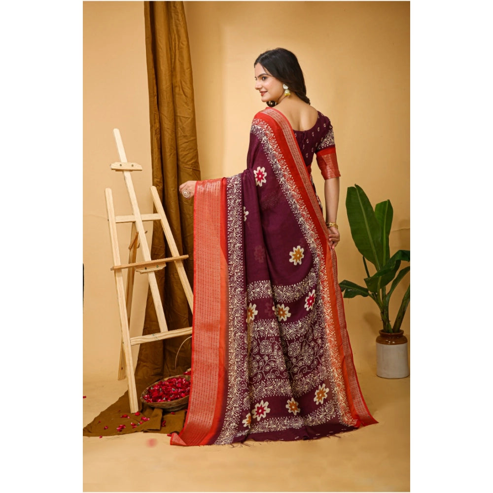 Snuggle Spot Women's Soft Blooming Marshmallow Fabric Kalamkari Printed Saree With Unstitched Blouse 5.5Mtr (Wine)
