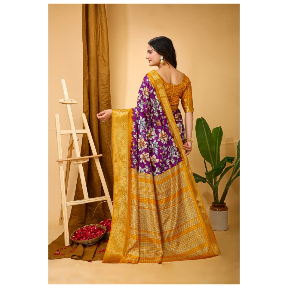 Snuggle Spot Women's Soft Dola Cotton Kalamkari Printed Saree With Unstitched Blouse 5.5Mtr (Purple)