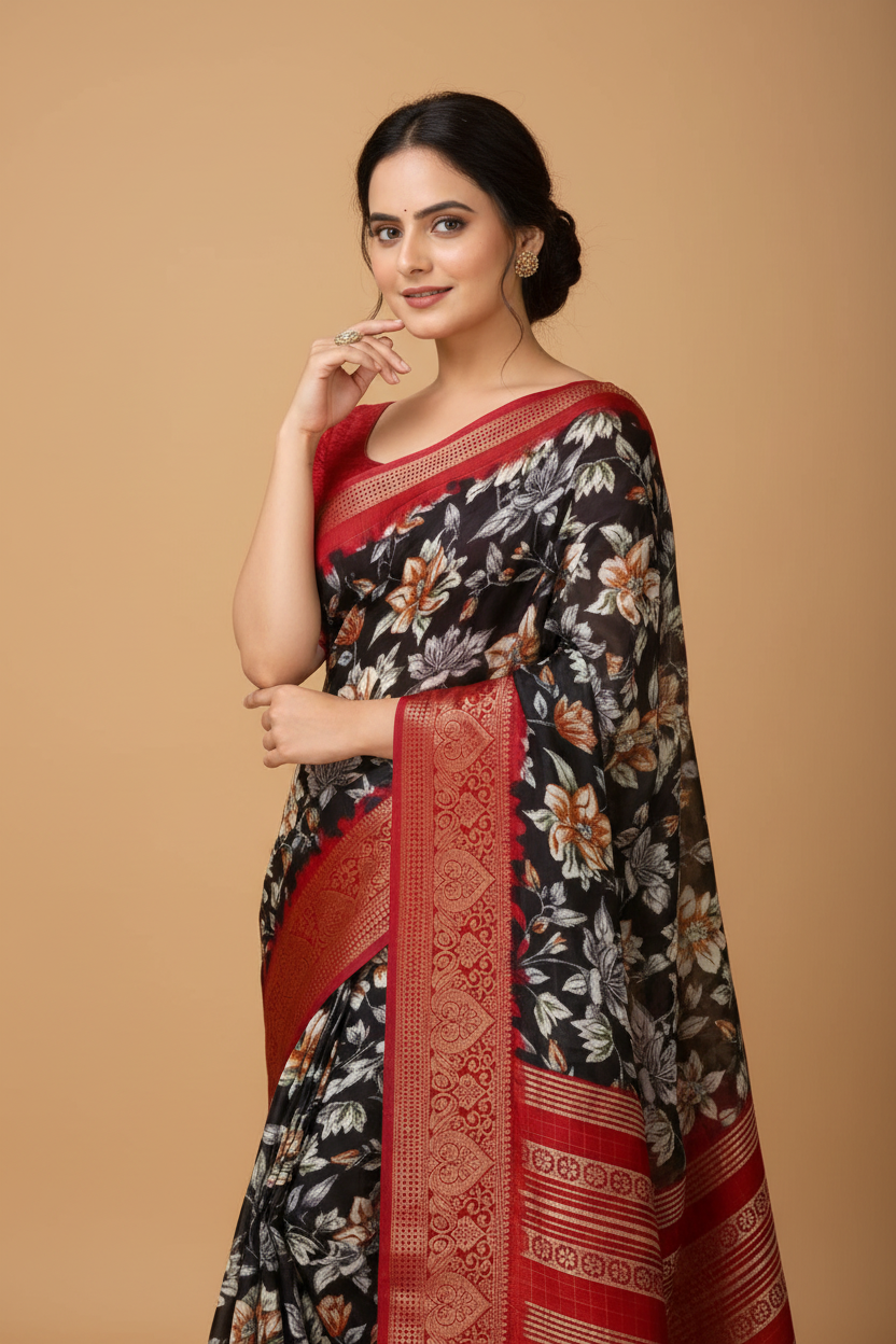 Snuggle Spot Women's Soft Dola Cotton Kalamkari Printed Saree With Unstitched Blouse 5.5Mtr (Black)