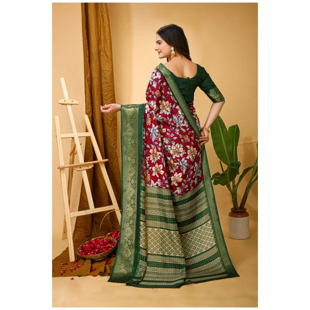 Snuggle Spot Women's Soft Dola Cotton Kalamkari Printed Saree With Unstitched Blouse 5.5Mtr (Maroon)