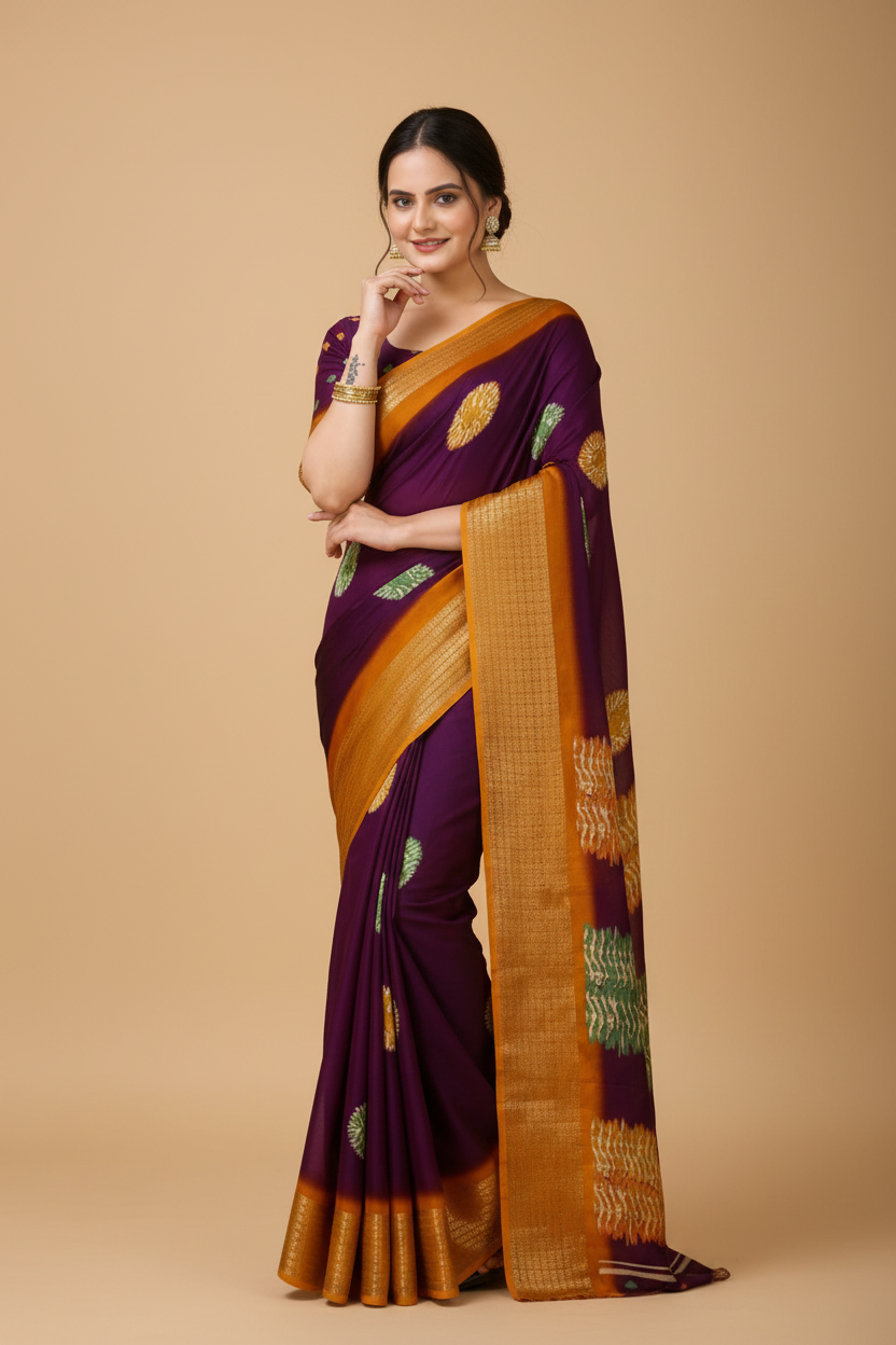Snuggle Spot Women's Soft Blooming Marshmallow Fabric Kalamkari Printed Saree With Unstitched Blouse 5.5Mtr (Wine)