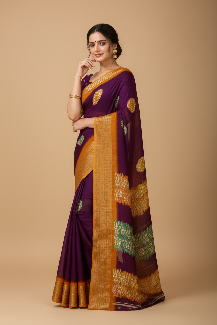 Snuggle Spot Women's Soft Blooming Marshmallow Fabric Kalamkari Printed Saree With Unstitched Blouse 5.5Mtr (Wine)