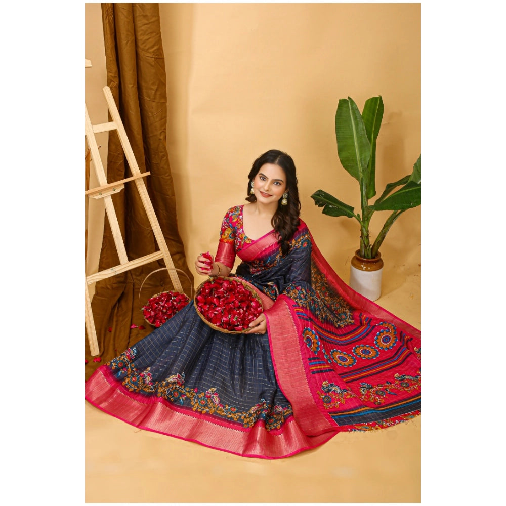 Snuggle Spot Women's Soft Dola Cotton Kalamkari Printed Saree With Unstitched Blouse 5.5Mtr (Grey)