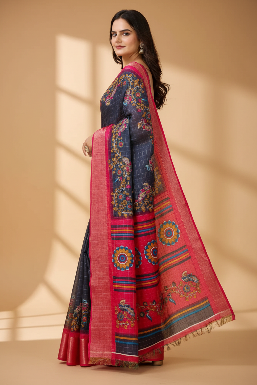 Snuggle Spot Women's Soft Dola Cotton Kalamkari Printed Saree With Unstitched Blouse 5.5Mtr (Grey)