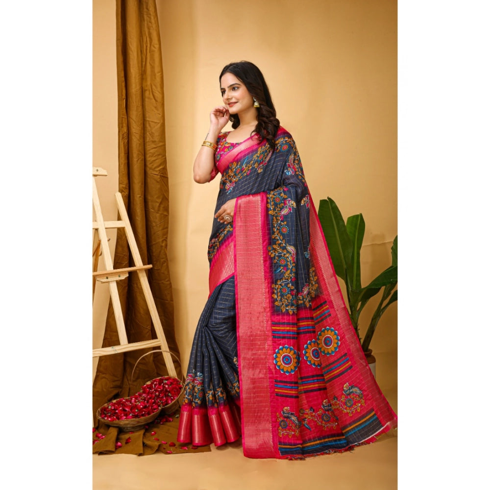 Snuggle Spot Women's Soft Dola Cotton Kalamkari Printed Saree With Unstitched Blouse 5.5Mtr (Grey)