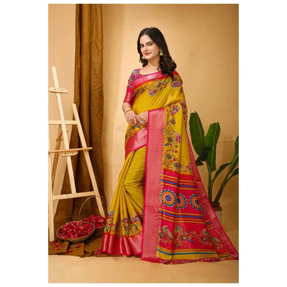 Snuggle Spot Women's Soft Dola Cotton Kalamkari Printed Saree With Unstitched Blouse 5.5Mtr (Yellow)