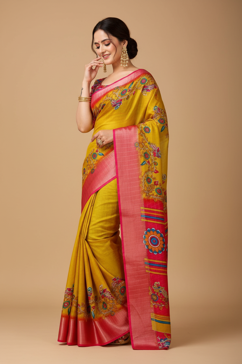 Snuggle Spot Women's Soft Dola Cotton Kalamkari Printed Saree With Unstitched Blouse 5.5Mtr (Yellow)