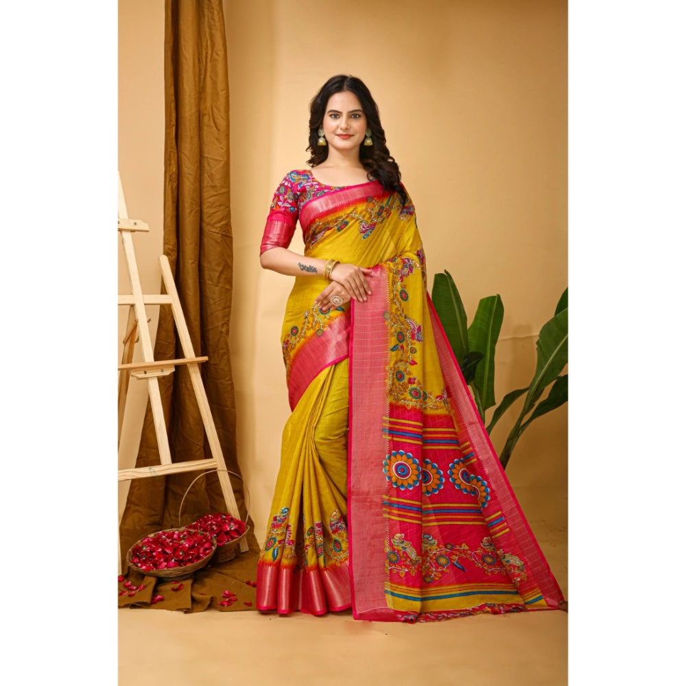 Snuggle Spot Women's Soft Dola Cotton Kalamkari Printed Saree With Unstitched Blouse 5.5Mtr (Yellow)