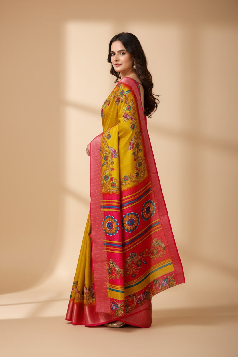 Snuggle Spot Women's Soft Dola Cotton Kalamkari Printed Saree With Unstitched Blouse 5.5Mtr (Yellow)