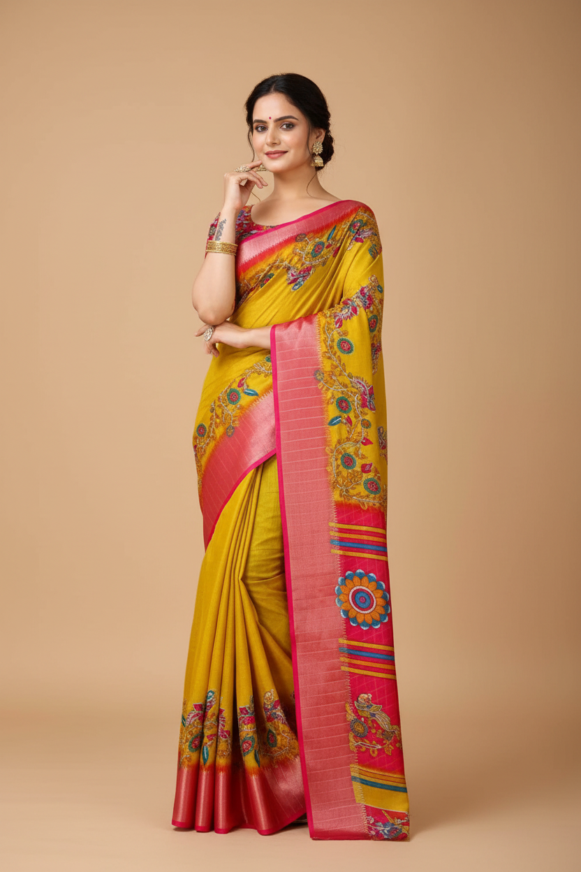 Snuggle Spot Women's Soft Dola Cotton Kalamkari Printed Saree With Unstitched Blouse 5.5Mtr (Yellow)