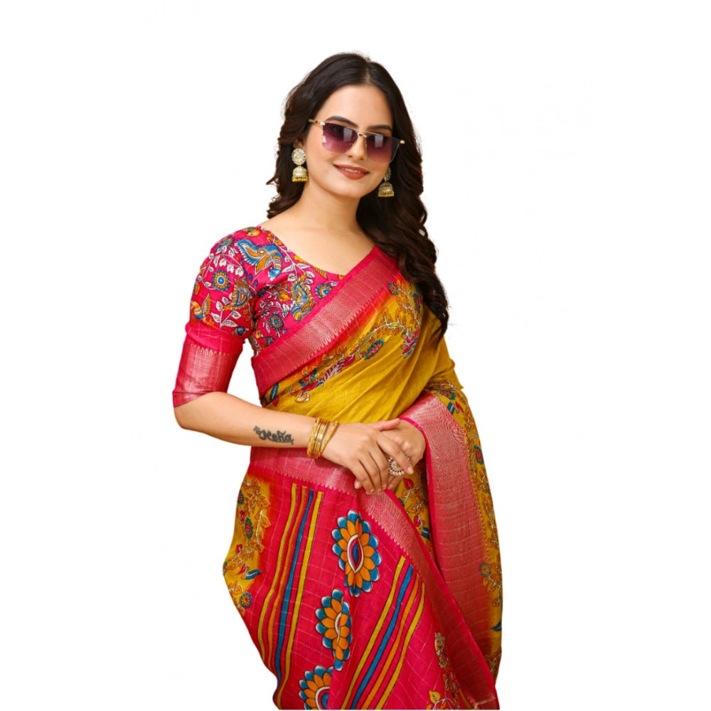 Snuggle Spot Women's Soft Dola Cotton Kalamkari Printed Saree With Unstitched Blouse 5.5Mtr (Yellow)